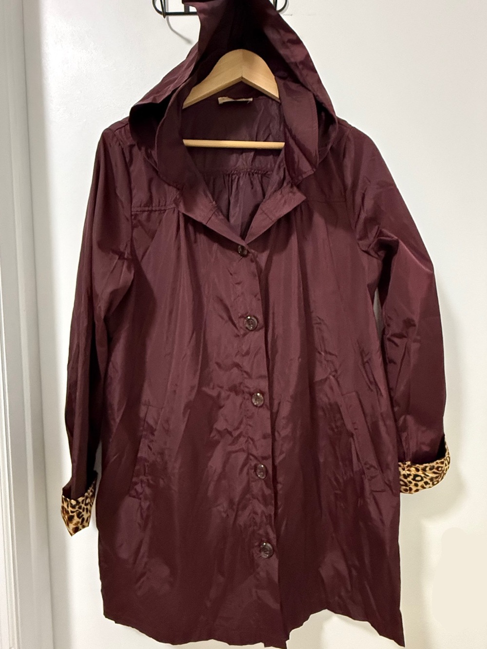 KATE KASIN Long Rain Coat with Leopard Trim